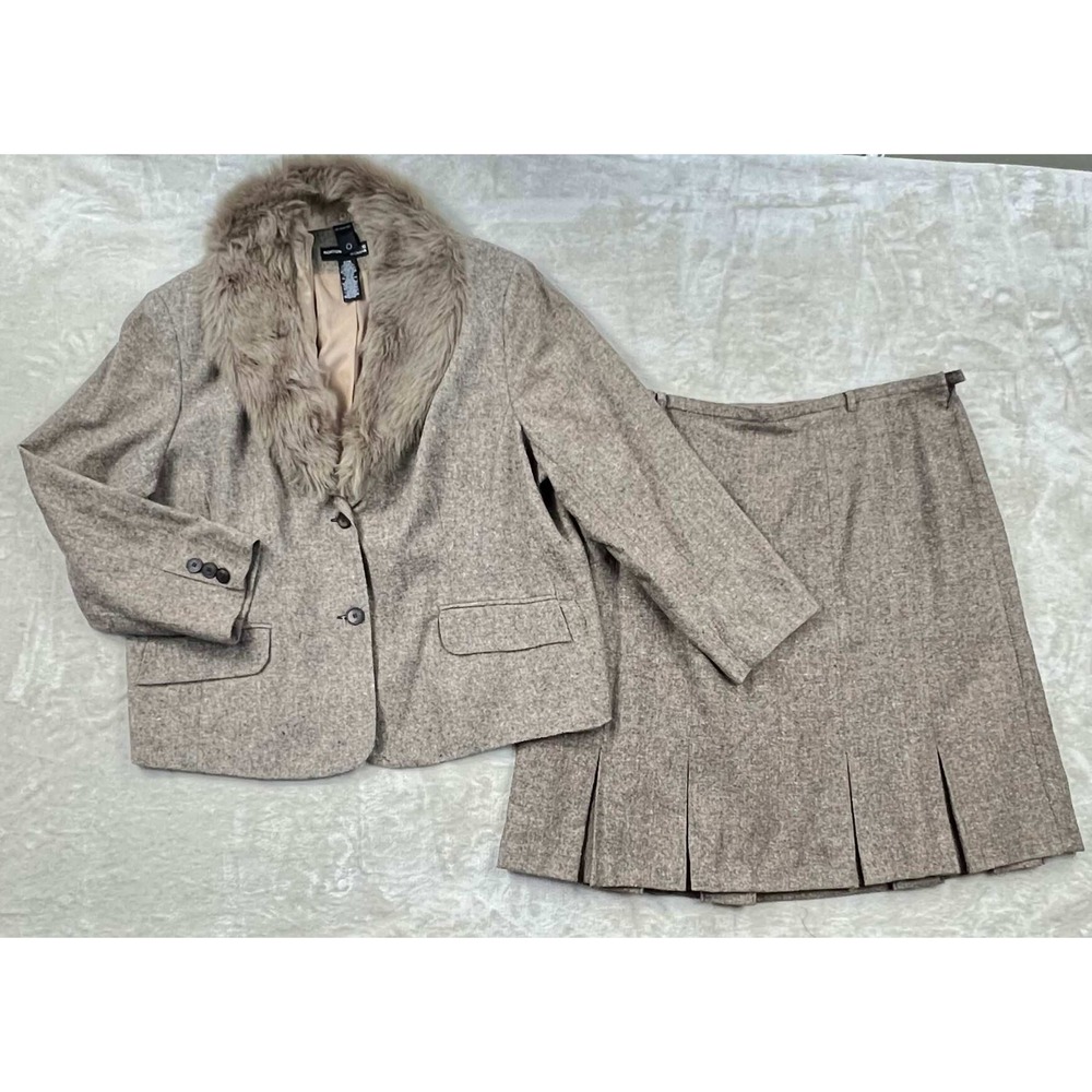 Norton McNaughton Woman Brown Tweed Skirt Suit Faux Fur Collar Wool Blend 22W